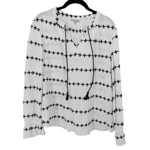 NIC+ZOE Blouse Women Large White Embroider Gauzy Peasant Top Peasant Tassel Boho